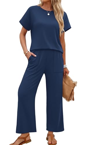 Sampeel Two Piece Sets for Women Summer Travel Outfits for Women Spring Comfy Sets Casual Outfits Short Sleeve Tops Navy M