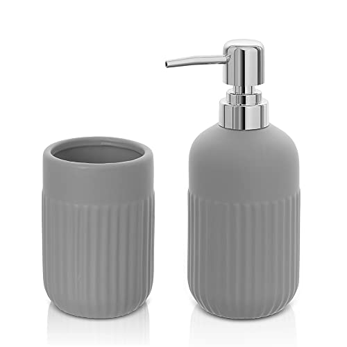 Inbagno Set Accessori Bagno da appoggio 2 Pezzi, Dispenser Sapone e Bicchiere portaspazzolini, in Ceramica Colore Grigio, Linea Cup