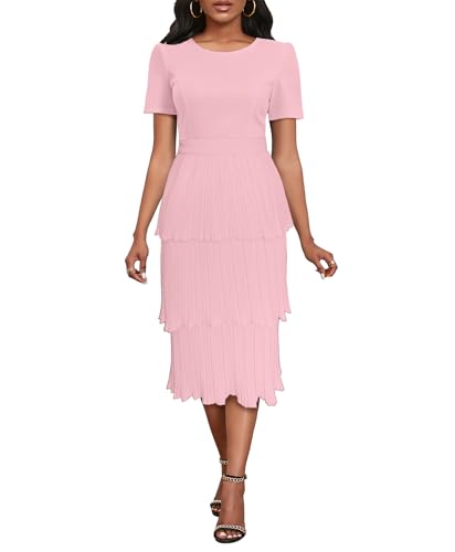 VERWIN Women's Round Neck Short Sleeves Mid Waist Tiered Pleated Pencil Bodycon Casual Cocktail Midi Dress