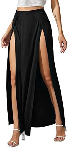 Verdusa Women's Elastic Waist High Split Wrap Flowy Long Maxi Skirt Black XL