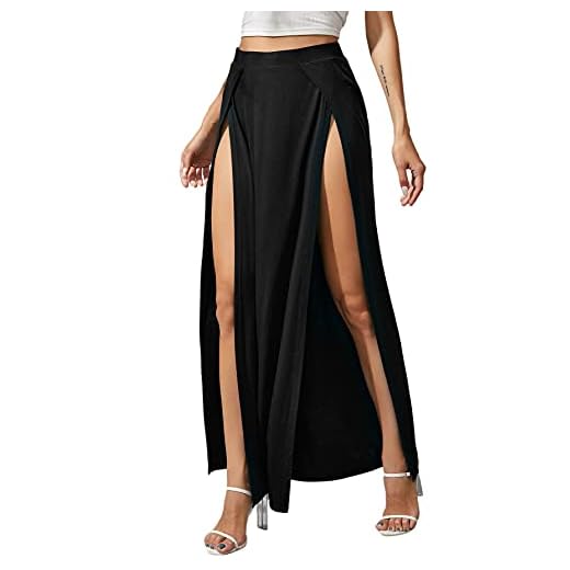Verdusa Women's Elastic Waist High Split Wrap Flowy Long Maxi Skirt Black M