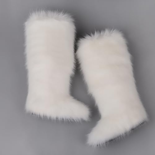 ZSGYCHCY Women's Faux Fur Boots Winter Fluffy Warm Furry Flat Shoes Snow Knee-High Boots4
