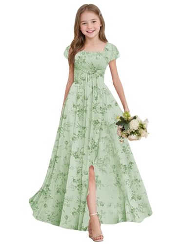 GATMAHE Chiffon Ruched Sqare Neck Junior Bridesmaid Dresses for Girls Short Sleeves High Low A-line Flower Girls Dress