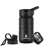 IDEUS Botella de agua aislada al vacío, 360 ml, acero inoxidable, doble pared, cantimplora deportiva de metal con tapa de rosca a prueba de fugas (negro)