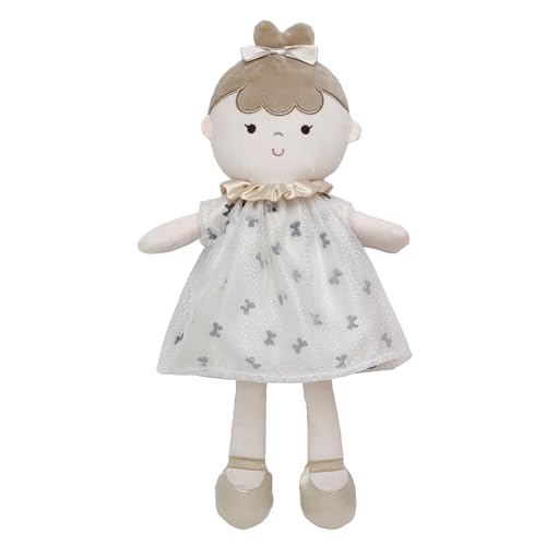 Soft Baby Doll with Printed Bow Dress and Metallic Satin Accents, Emily, Brunette (Cream and Black, 14 inch)