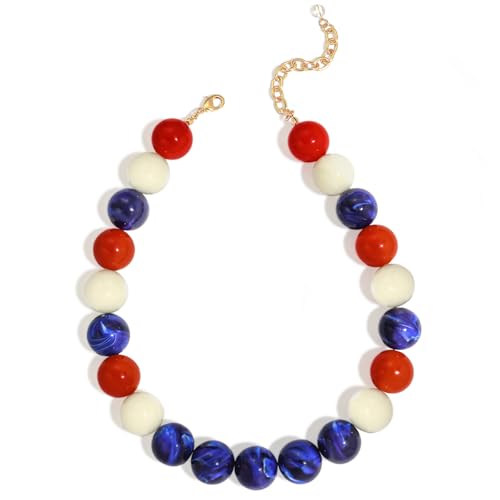 FAUTHENTICUTE 4th of July Beaded Necklace for Women Large Red Blue White Round Acrylic Resin Bead Strand Necklace Chunky Patriotic Statement Choker USA Flag Colored Polished Bead Necklaces for Parade Party Favors Decorations Veterans Day and Independence Day Jewelry Gifts