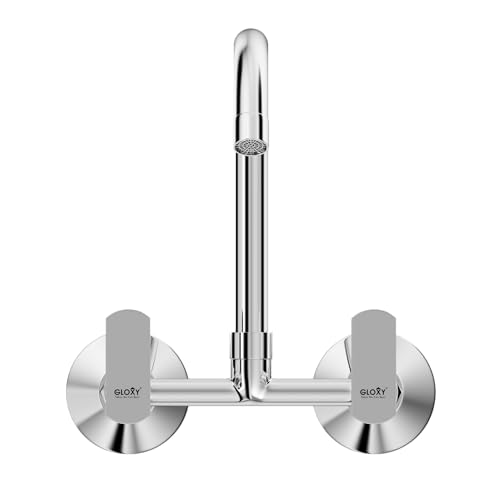 Image of Gloxy Premium Brass 2 in 1 Water Faucet with 360 Swivel Spout - Chrome Finished Wall Mount Hot & Cold Heavey Water Mixer Faucet with Riva Levers for Bathroom & Kitchen - 10 Years Warrenty