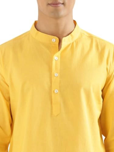 Image of SAADAA Men's Short Kurta - Linen Cotton Blend, Airy Fabric, Regular Fit, Mandarin Collar, Solid Color - Casual, Festive & Ethnic Wear