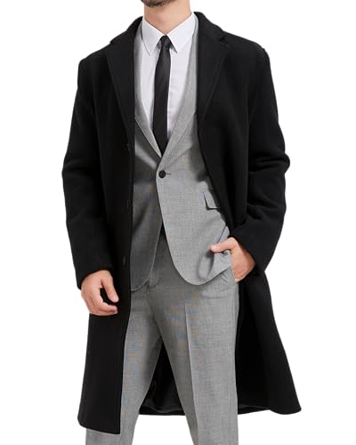 Image of Mens Black Wool Winter Overcoat - Cashmere Blend Bond Topcoat, Single Breasted Formal Dress Coat