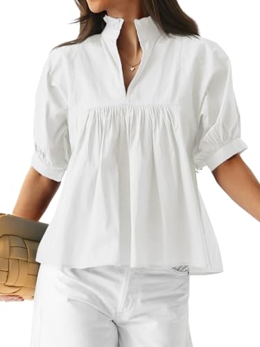 Womens Summer Babydoll Tops V Neck Short Puff Sleeve Peplum Shirt Loose Fit Casual Pleated Blouse