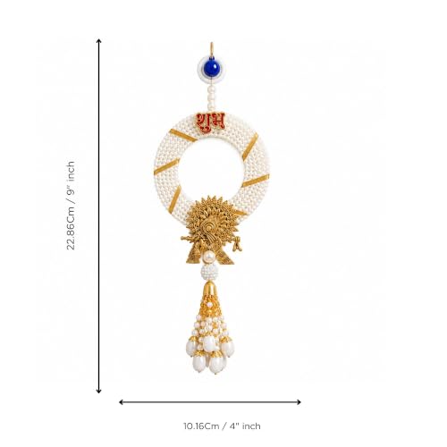 Image of eCraftIndia Shubh Labh Door Hanging Set of 2 | Handmade Pearl Beaded Toran with Golden Krishna Motif & Tassels | Decorative Wall Hanging for Main Door, Entrance, Pooja Room & Festive Decor