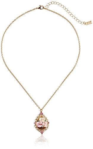 1928 Jewelry Gold-Tone Pink Crystal and Pink Porcelain Rose Adjustable Pendant Necklace, 16