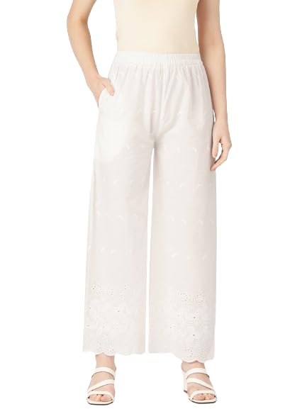 Image of feranoid White Chicken Embroidred Cotton Regular Fit Palazzo