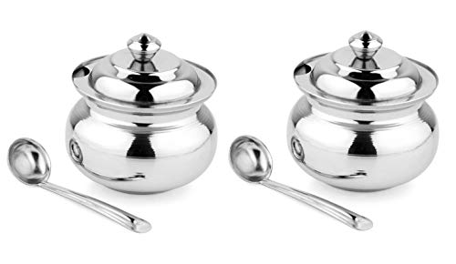 KC Stainless Steel Multipurpose Ghee Pot, Pickle Container - 300 ml with Spoon Set of 2 (Silver)