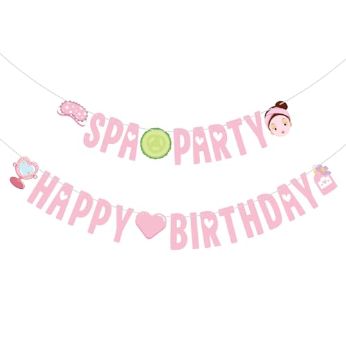Image of Hooqict Happy Birthday Banner Spa Party Decorations Banner Sign for Girls Women Sleepover Slumber Makeup Pink Spa Themed Birthday Party Decorations Supplies