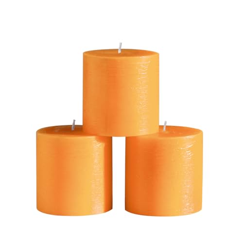 CANDWAX 3x3 inch Pillar Candle Set of 3 - Decorative Candles Unscented and No Drip Candles - Ideal as Wedding Candles or Large Candles for Home Interior - Orange Candles