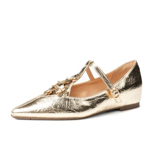Women's Cutout T Strap Soft Leather Flat Mary Janes Fashion Retro Closed Pointed Toe Comfortable Casual Slip On Ballet Flats with Adjustable Buckle for Office Work Daily Dressy Shoes