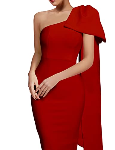 Image of UONBOX Women's One Shoulder Bowknot Long Sleeve Bodycon Knee Length Club Party Bandage Dress