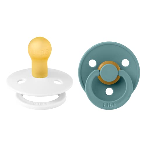 Image of BIBS Pacifiers Colour Collection | Natural Rubber Baby Pacifier | Set of 2 BPA-Free Soothers | Made in Denmark | 0+ Months (Pack of 2) | White/Island Sea