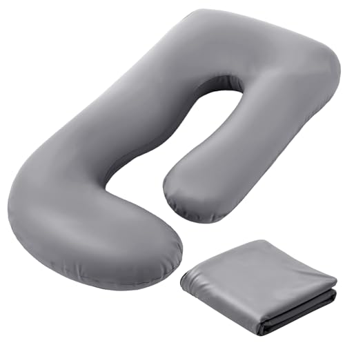 Hahafelt Cooling Pregnancy Pillow Cover (Only Pillowcase) 59 Inch Large J Shaped Full Body Pillowcase Maternity Stretchy Soft Breathable Cool Pillow Cover with Zipper for Side Sleeper (Dark Gray)