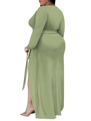 Image of PinkPatty Women's Plus Size Long Sleeve Maxi Dress Casual V Neck Slit Tie Waist Wrap Dresses for Party Cocktail