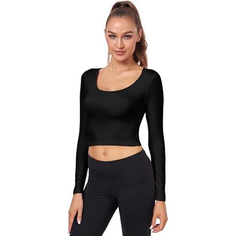 Lightweight Basic Yoga Crop Tops Slim Fit Long Sleeve Workout Shirts for Women Black X-Large Cover