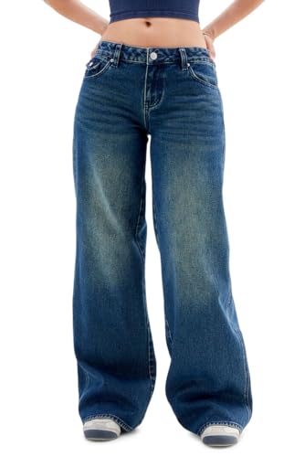 PacSun Women's Casey Low Rise Baggy Jeans Button Pocket Dark Indigo