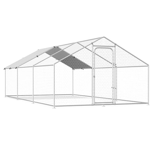 Large Metal Chicken Coop Walk-in Poultry Cage Hen Run House with Waterproof and Anti-Ultraviolet Cover for Backyard Farm Garden, Cage for Rabbits Duck Spire Roof(10’ W x 19.7’ L x 6.4’ H)