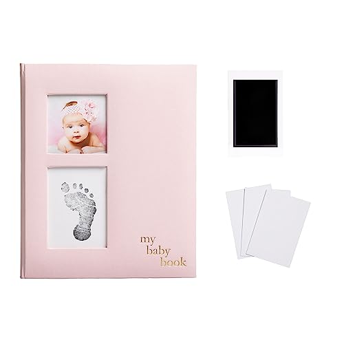 Image of Pearhead Linen Baby Memory Book and Clean-Touch Ink Pad, Baby Girl Accessory, Baby Milestones Photo Album, Pink 9x10.75x0.6 Inch (Pack of 1)