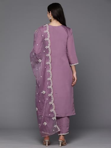 Image of INDO ERA Women's Silk Blend Embroidered Straight Kurta & Pant with Dupatta Set (SHUTR7630)