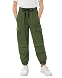 Latnnut Girls Cargo Pants Elastic Waist Casual Jogger Pants for Girls Streetwear Loose Parachute with Pockets Army Green 9-10 Years