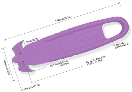 T TOVIA Film Slitter Safety Knife Box Cutter, 10 pcs Purple Utility Knife Safety Package Opener of Stainless Steel Blade, for Carton, Shrink Wrap, Plastic Straps, Tape