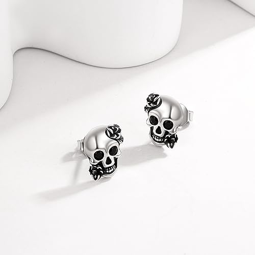 925 Sterling Silver Skull Earrings Gothic Skull Rose Stud Earrings for Men Black Diamond Eye Skull Jewelry Women Hypoallergenic Halloween Earrings Gift2