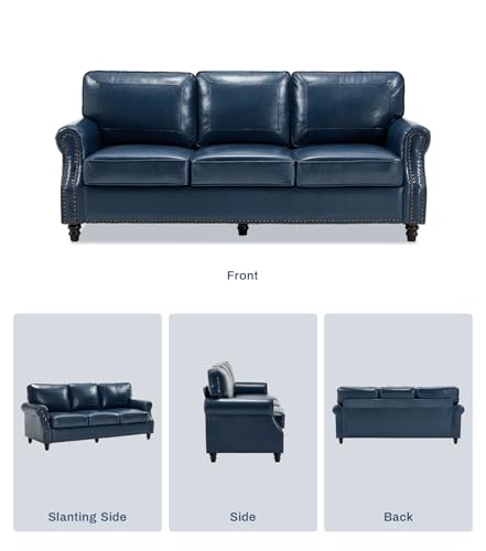 Kingfun Mid-Century Modern Couch, Faux Leather Sofa, 3 Seater Couch for Living Room with Rolled arms & Nailhead Trim, Blue — view 5