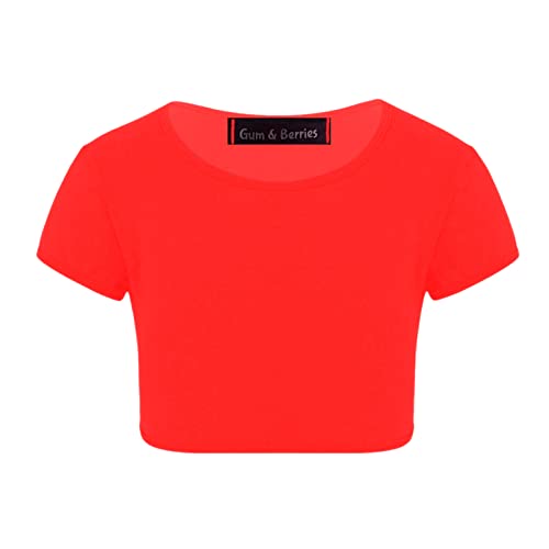 Image of Kids Girls Neon Fluorescent Plain Short Sleeve Crop Tops T-Shirt Tee Top Dance Wear Gymnastic Fancy Dress Age 3-14 Years
