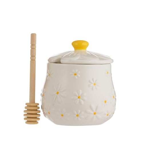 Price & Kensington Daisy Honey Pot & Drizzler | Ceramic Honey Pot with Embossed Daisy 3D Lid | Hand-Painted Yellow Handle | Includes Wooden Drizzler