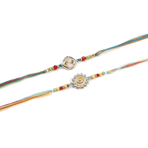 Image of Traditional Handmade Beaded Rakhi For Raksha Bandhan| Hand Bracelet For Brother| Wrist Band For Bhaiya & Bhabhi | Trendy Combination Designs Protective Thread Combo-Set Of 2