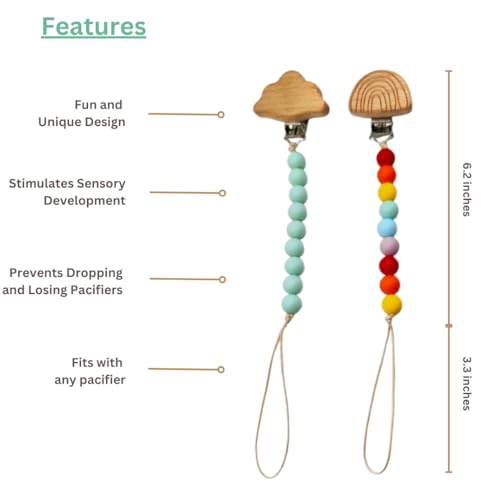 Image of Wood Paci Clips 2 Pack for Baby Girl & Boy, Premium Flexible Bead Design, Universal Fit, Safe Pacifier Holder