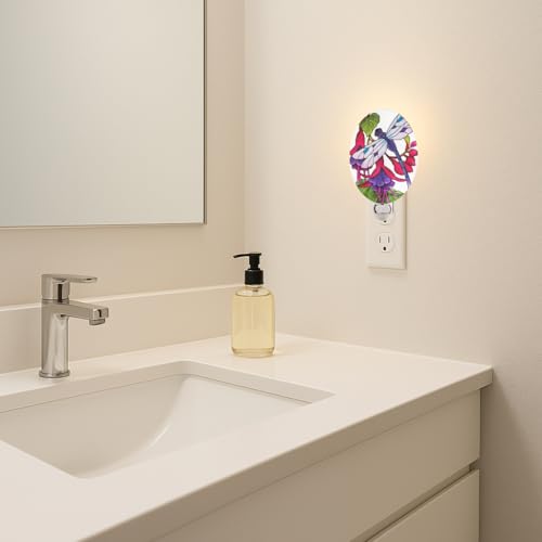 Image of Dragonfly Night Light - Stained Glass Styled Plug-in Wall Light for Vertical Outlets - Real Glass, Warm Glow for Bedroom, Bathroom, Hallway - Gift for Nature Lover