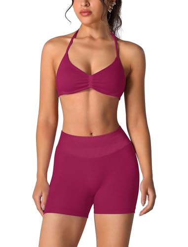 Image of ABOCIW Womens Seamless Workout Sets 2 Piece Strappy Halter Sports Bra Scrunch Butt Shorts Gym Yoga Outfits