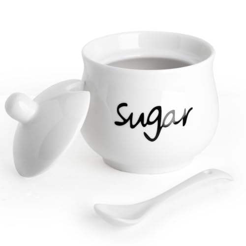Cyimi Sugar Bowl Porcelain with Lid and Spoon,7 OZ Ceramic Salt Storage Jar, Sugar Pot White Seasoning Container for Spice Home and Kitchen,White,210ML