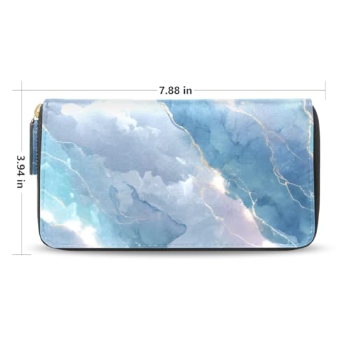 Long Wallets Leather Bifold Wallet for Women Blue Marble Texture with Zipper Credit Card Holder Large Capacity2