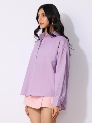 Image of The Souled Store Solids: Pink Women and Girls Loose fit Full Sleeve Cotton and Linen Pink Color Women Boyfriend Shirts