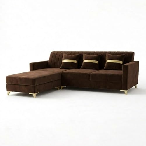 Image of CASASTYLE Groovy 4 Seater L Shape Sofa Set with Movable Ottoman | Flexible Left or Right Layout | Cozy Velvet Fabric | Soft Touch Seating | Modern Designer Sofa for Living Room (Dark Brown)