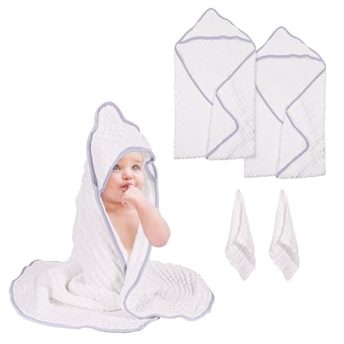 Image of Asung Hooded Baby Towels Muslin Baby Bath Towel 4 Pcs Baby Towels and Washcloths Set 100% Cotton Bath Towels with Hood Baby Essentials Soft and Absorbent 35 x 35 Inch (White)
