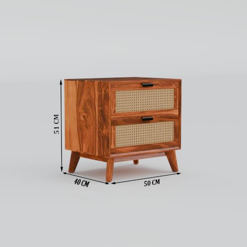 Image of Solid Sheesham Wood Bedside Table with 2 Cane Rattan Drawers | Wooden Nightstand with Spacious Storage (Honey Finish)
