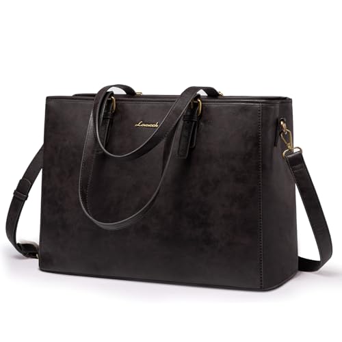 LOVEVOOK Laptop Tote Bag, 15.6 inch Vegan Leather Work Bags for Teacher Commuter Business, Large Waterproof Computer Purse Office Bag, Black Coffee