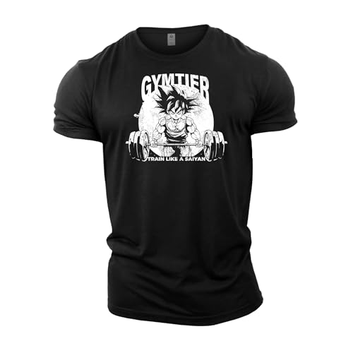 GYMTIER Entrena como un Saiyan Anime Camiseta de gimnasio para hombre de culturismo, entrenamiento, levantamiento, ropa de entrenamiento, Negro, M