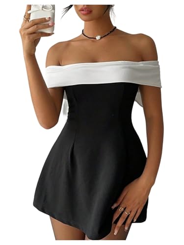 GORGLITTER Women's Off The Shoulder Bodycon Mini Dress Elegant Classy Summer Wedding Guest Cocktail Party Sundresses Black and White Large