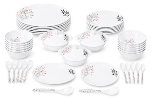 Image of Melvio Premium Floral Melamine Dinner Set for Family Dining, Elegant Printed Crockery Set with Dinner Plates, Quarter Plates, Bowls, Serving Bowls with Lids & Spoons, Lightweight (Dinner Set 18Pcs)